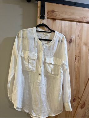 Kori White Collarless Button-Front Tunic size large